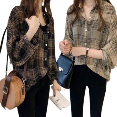 8DA0F7 체크 패턴 짧은 소매 예쁜 여자 편한 블라우스 셔츠