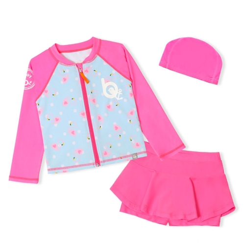 BAY-B  Bayb 여아용 플라밍고 집업 래쉬가드 상하의 + 수영모 세트