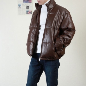 프랭키뉴욕 남자 레더 숏 패딩 인조가죽 오버핏 하이넥 겨울 정장 아우터 코디 남성 30대 하프 유광 블랙 브라운_RT1FJK07-1