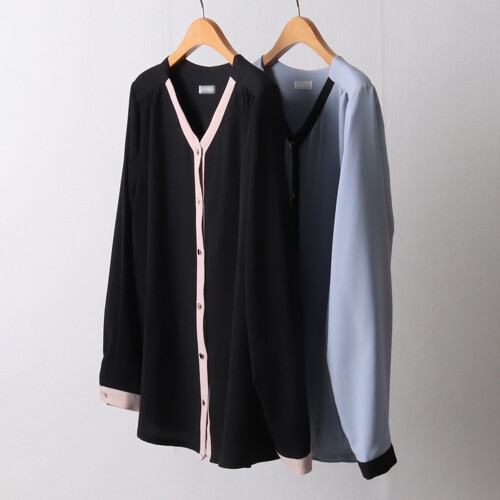 아이우먼 빅사이즈사랑해요 I360L203 배색브이넥블라우스 BG