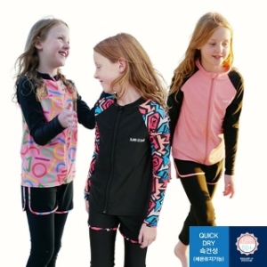 리틀맘  초등학생 주니어 여아 수영복 집업 긴팔 래쉬가드 세트