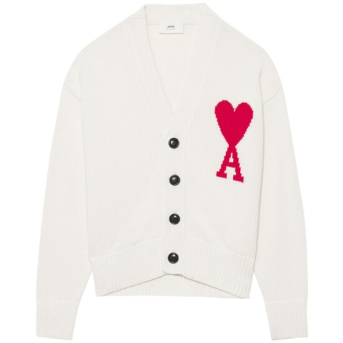 아미 남녀공용 빅 하트 로고 오버핏 화이트 브이넥 가디건_UKC003 016 102