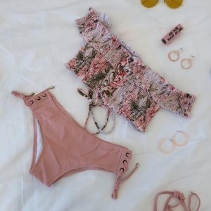 프릴 비 일자넥 스트랩 비치웨어 스파 수영복