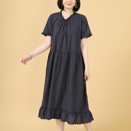 애비뉴투지 엄마옷 셔링 레이스 순 면 여름 반팔 원피스 O06281