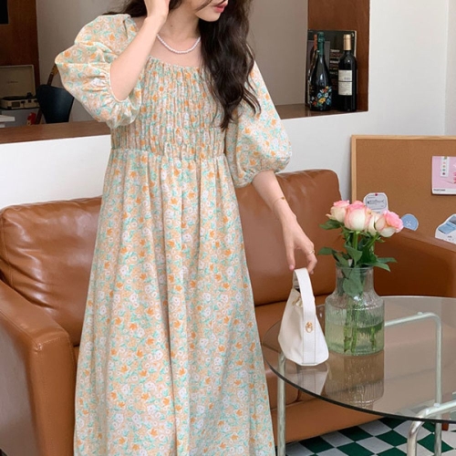 슈팅스타 플로럴 바스트 주름 퍼프소매 A라인 원피스 913258