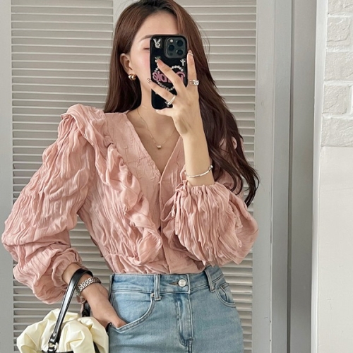 드레스날다 여친룩 주름 브이넥 프릴 페플럼 블라우스 mbl1475