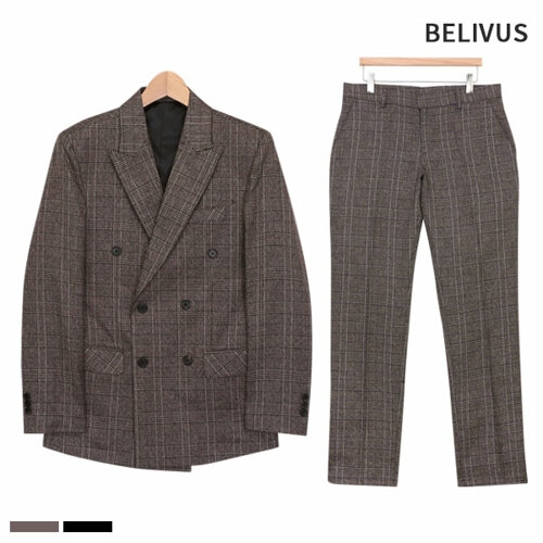 빌리버스 남자 셋업 BIT044 남성 체크 더블 블레이저 슬랙