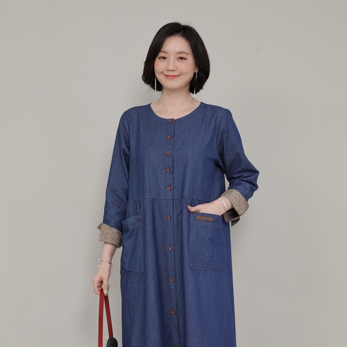 애비뉴투지 엄마옷 데님 캐쥬얼 루즈핏 단추 오픈 여성 봄 가을 긴팔 롱 원피스 O09217 50대 60대 중년여성 사이즈F..