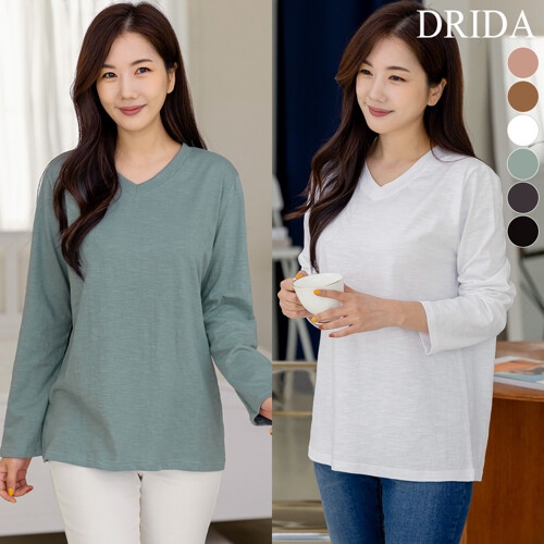 드리다 여자 봄 가을 슬라브 브이넥 긴팔 면티 루즈핏 빅사이즈 흰 티셔츠 화이트 40-50대 미시 중년 여성
