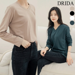 드리다 여성 겨울 브이넥 기모 긴팔 면티 빅사이즈 흰 이너 티셔츠 화이트 40-50대 미시 중년 여성 캐주얼