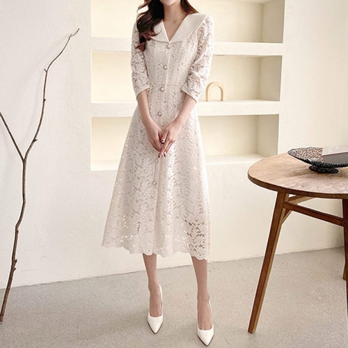 옷자락 여자 V넥 진주 시스루 스몰웨딩 하객 레이스 원피스 OP2578