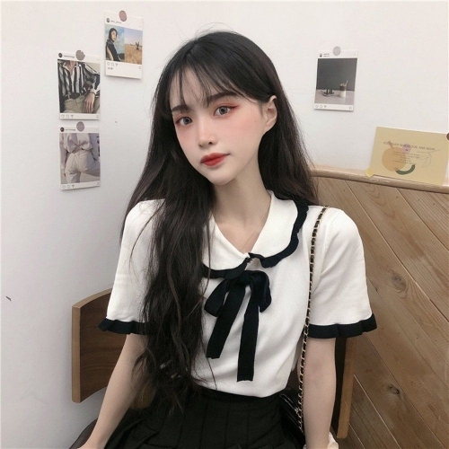 오너클랜 여성스러운 예쁜 레이스 카라 앞 리본 여친룩 반팔티 WA9B3BB