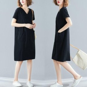 뉴챌린저 여자 외출 원피스 패션 브이넥 슬림 반팔 포인트 W8DA0E6 W8DA0E6