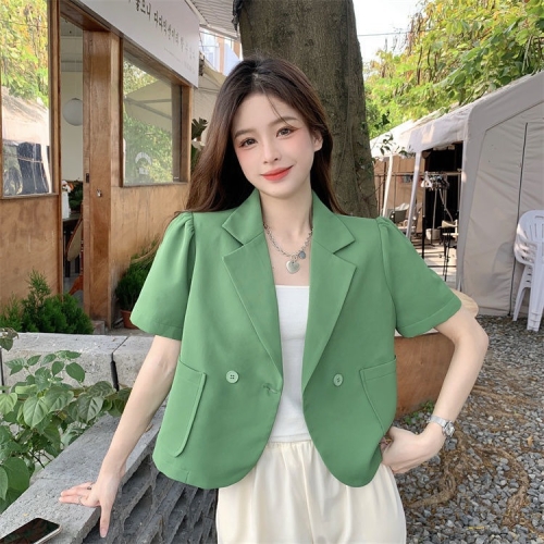 쇼트 크롭 반팔 여성 자켓 퍼프 볼륨 소매 여름 캐주얼