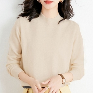 오너클랜 부드러운 캐시미어 티 여성 반목 기본 니트 베이지 WBC5C36