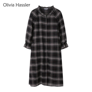 올리비아하슬러 OHAFBL111_넥 프릴 체크 롱 블라우스