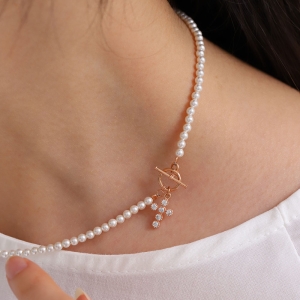 쥬릭스  14k 토글바 라운드 십자가 스왈 진주목걸이 JGN0008