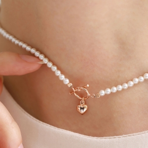 쥬릭스  14k 토글바 통통 하트 스왈 스왈 진주목걸이 JGN0011