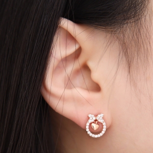 미니아트  14K GF 큐빅 리본 하트 드롭 골드필드 일자침 귀걸이