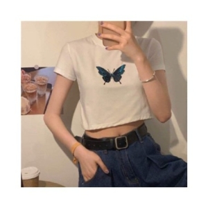 오노마 여성 파랑 나비 반팔 크롭티 OI-A200180