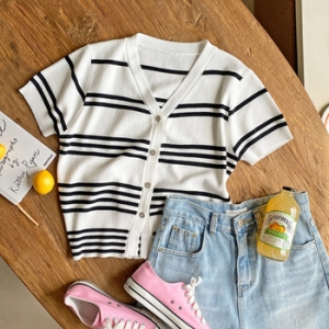 파파브로 뮬라 여성 단가라 단추Y 오픈 반팔 니트 가디건 GNR-WCD-2357