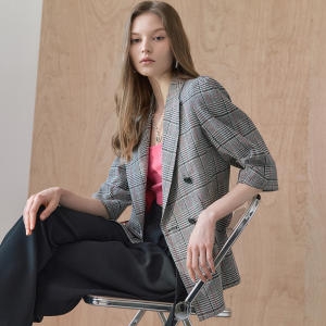 마쟈 글렌 체크 퍼프소매 린넨 자켓 CC08QJ302ON