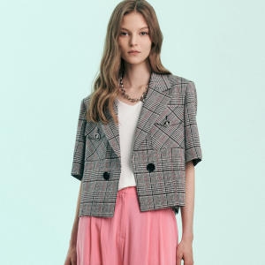 마쟈 글렌 체크 린넨 반팔 크롭 자켓 CC08QJ303ON