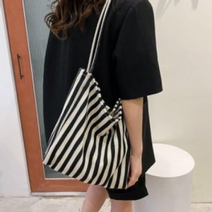 루아 스트라이프 에코백 캔버스 백 블랙 WC512B8