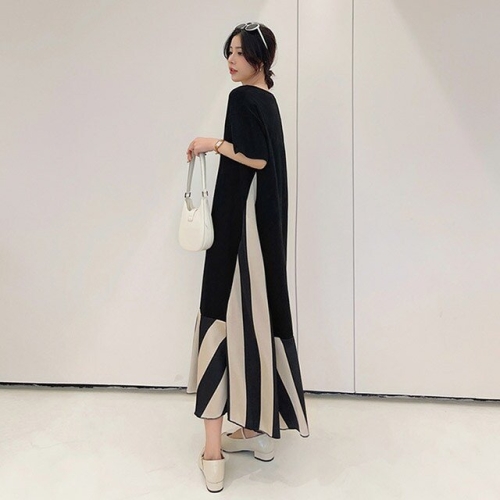 리즈무드 헬티 밑단 배색 반팔 롱 원피스