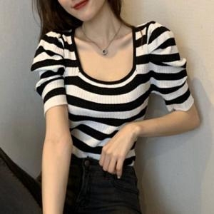 오너클랜 W8E4532 퍼프 소매 신축성 좋은 여자 패션 골지 반팔 티셔츠