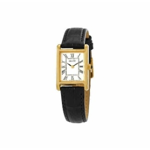 세이코 Square Gold Black Leather Womens Watch SWR054