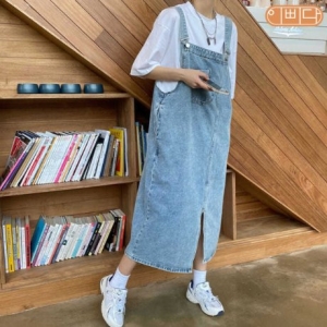 텐제로 여성 FW 루즈핏 데님 롱원피스 멜빵 청스커트 트랜디 캐주얼룩 스타일 청치마 가을원피스 IBBD23-ONEPCB 연청_77