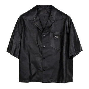 프라다 블랙 로고 레더 반팔 셔츠 UPC176 1WDV F0002