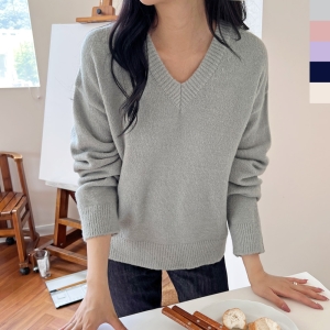 다온 국산 여성용 루즈핏 브이넥 긴팔 니트 티셔츠