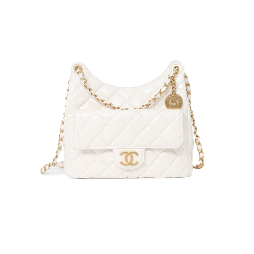 샤넬 23B 호보백 미디움 샤이니 카프스킨 화이트 금장 AS4322