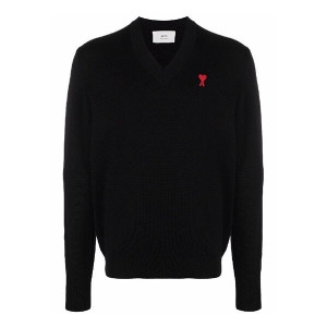 아미 명품 E22HKS201001 001 하트 로고 패치 브이넥 니트 블랙 남성 니트 TJ