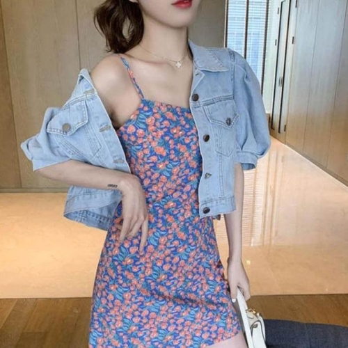 셀러허브 여성 크롭청자켓 여름 여자데님코디 퍼프 반팔 재킷