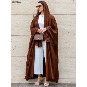 사틴 129606 여성용 Siskakia 기모노 아바야 모로코 패션 밝은 실크 배트윙 슬리브 가디건 로브 코르반 이