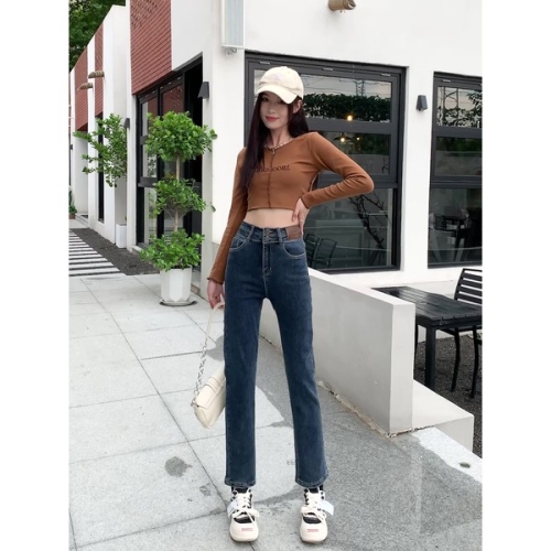 하이 웨이스트 기모 9부 데님 팬츠 PT12975