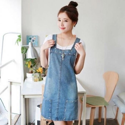 오노마 F61990찡장식 멜빵청치마청원피스데님원피스