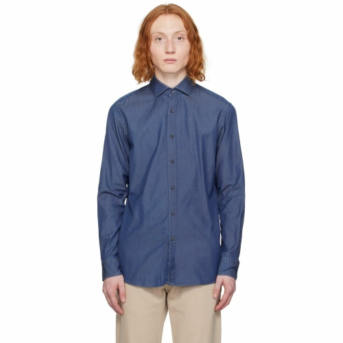 보스 남성 블루 슬림 핏 데님 셔츠 241085M192018