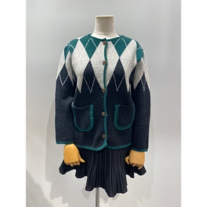 트위 우지 다이아패턴 배색 니트 가디건 TKIBFJK004