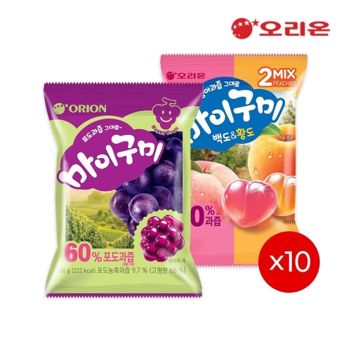 오리온  마이구미 포도 66g 10개 + 백도&황도 66g 10개