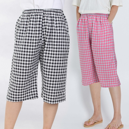 이브바바 여성 선염 체크 7부 포켓 홈웨어 파자마 잠옷 반바지