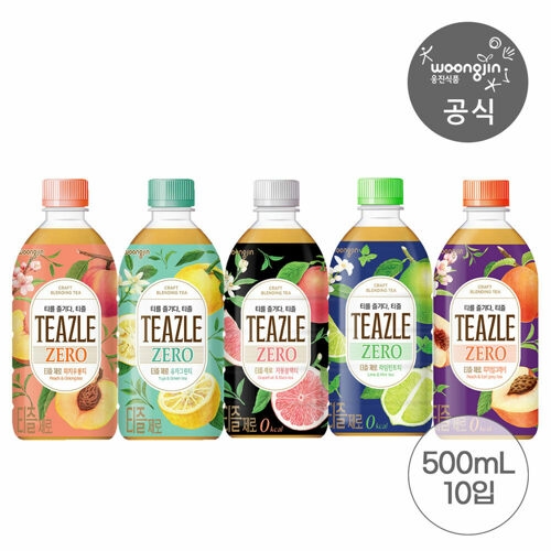 웅진식품 티즐 피치우롱티 유자그린티 자몽블랙티 제로 500ML 10펫
