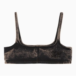 미우미우 로고 마블 데님 블랙 여성 코튼 크롭 탑 GWT042121