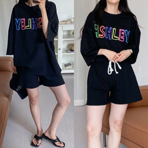 TRS-1557 네온 레터링 루즈핏 반바지 트레이닝세트 여름