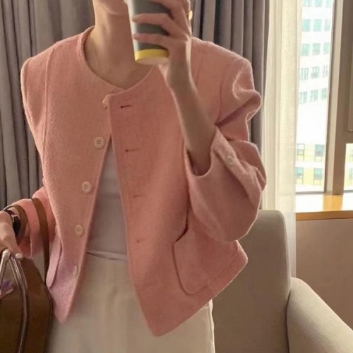 핑크 트위드 자켓 울 소재 여성 가을 노카라 627095