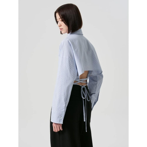 에잇세컨즈 옥스포드 스트라이프 백 리본 크롭 셔츠 스카이블루 324264LYAQ