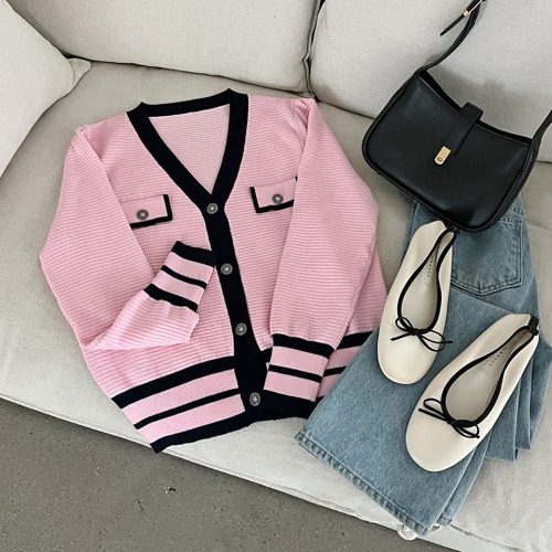 샵앤 케리 여성 단추 Y오픈 킨단 배색 봄 가디건 BONG-WCD-3097-아이